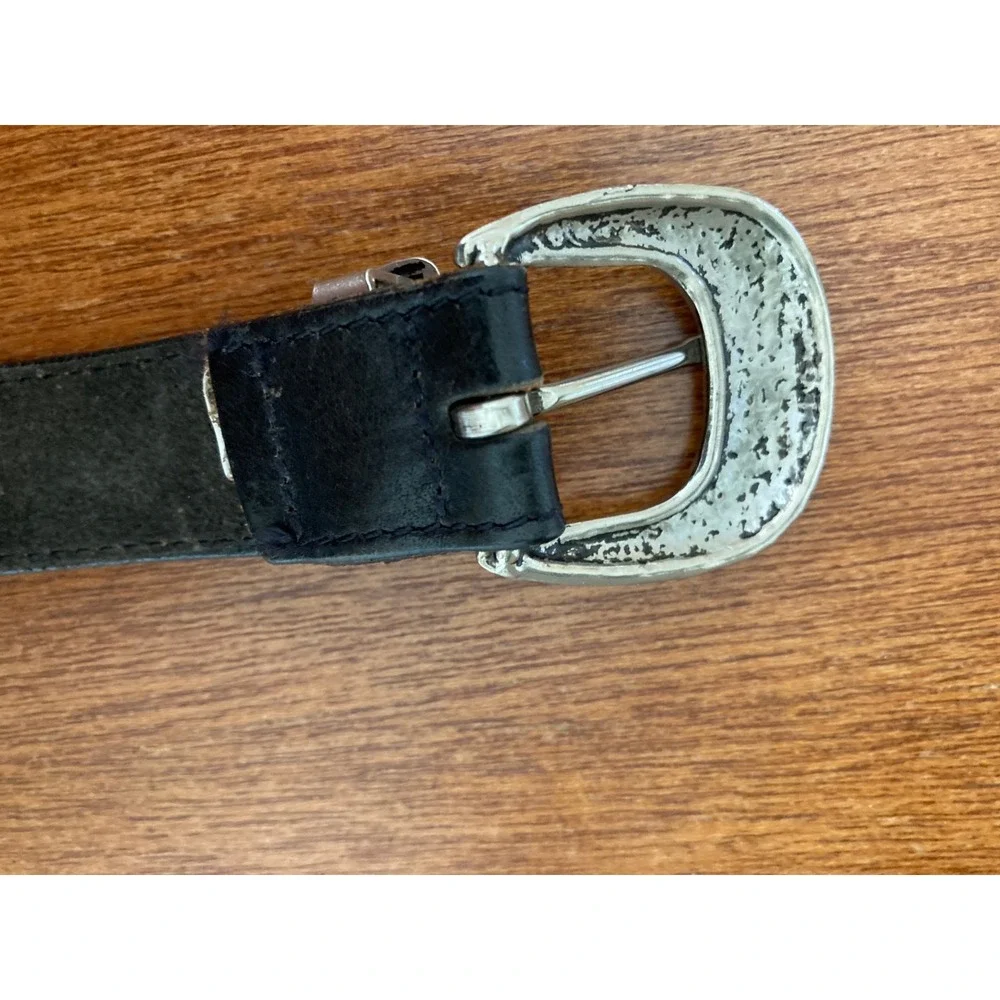 Vintage Black Leather Western Belt Silver Engraved Buckle Tip Made‎ in USA Small